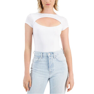 Just Polly Women's Extra Small White Knit Cutout Short Sleeve Thong Bodysuit NWT